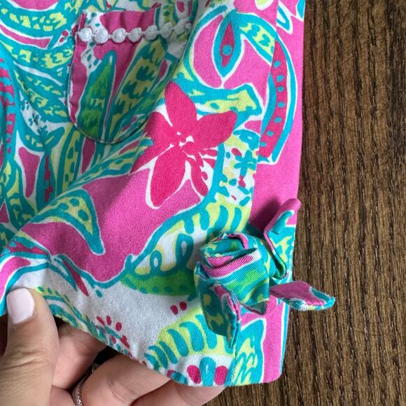 Lilly Pulitzer Baby Dress Size 6-12M Scallop Trim Pink Green Palm Leaf Floral - Picture 5 of 7